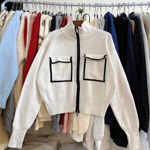 Chic Cream Zip Up Jacket Black Trim Detail